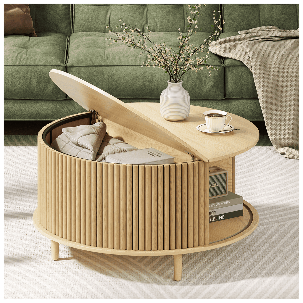 JOINICE Round Coffee Table with Storage and Sliding Door,Mid Century Modern Wooden Center Table,for Living Room,Walnut