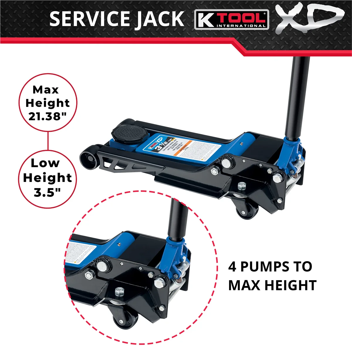 K-Tool INT022 3.5 Ton Low Profile Service Jack; Dual Pump Piston