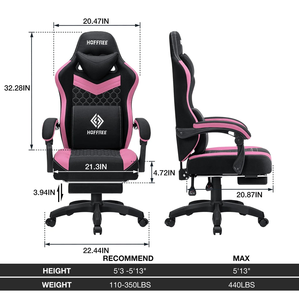Hoffree Gaming Chair with Massage Fabric Office Chair with footrest for Adults, Ergonomic Gamer Chair with Headrest and Lumbar Support for Office Gaming, 440 LBS
