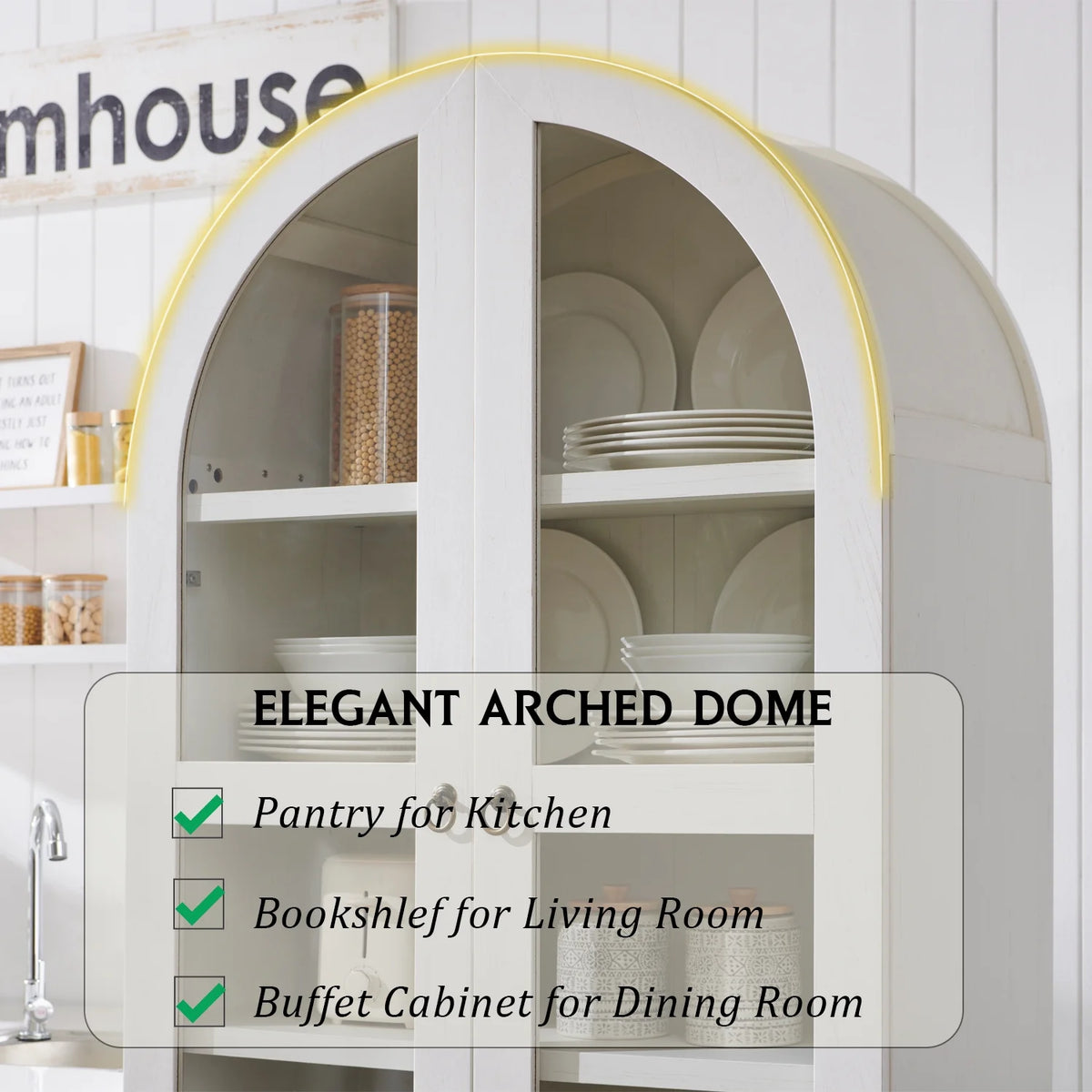 SinCiDo Arched Kitchen Pantry Storage Cabinet, 71-Inch Tall Wood Adjustable Shelves, 2 Doors, 2 Drawers