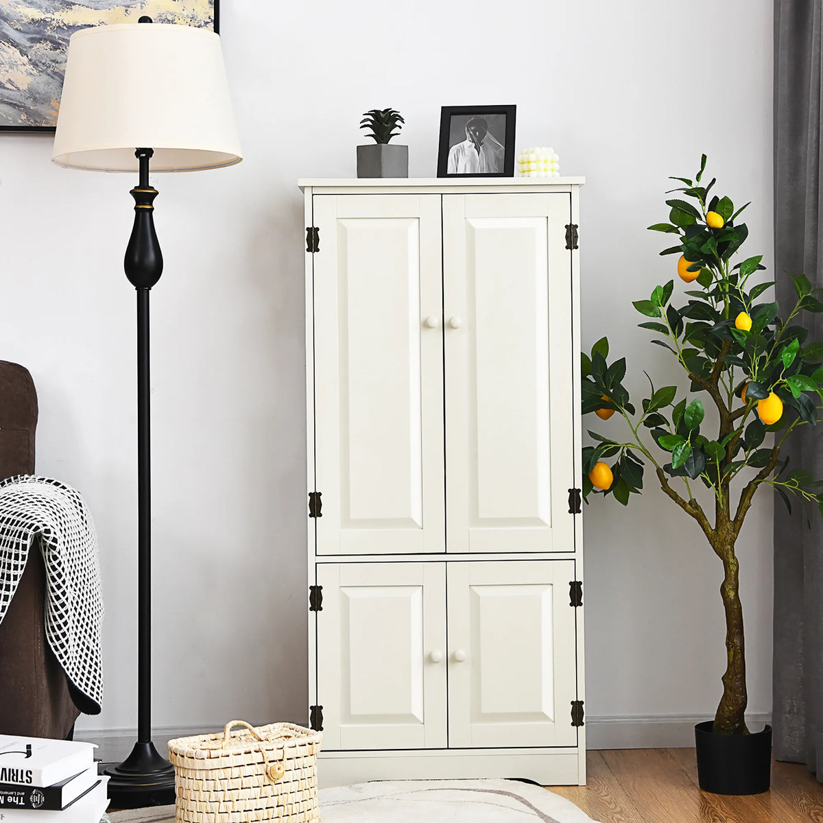 Costway Accent Floor Storage Cabinet W/ Adjustable Shelves Antique 2-Door Cream White