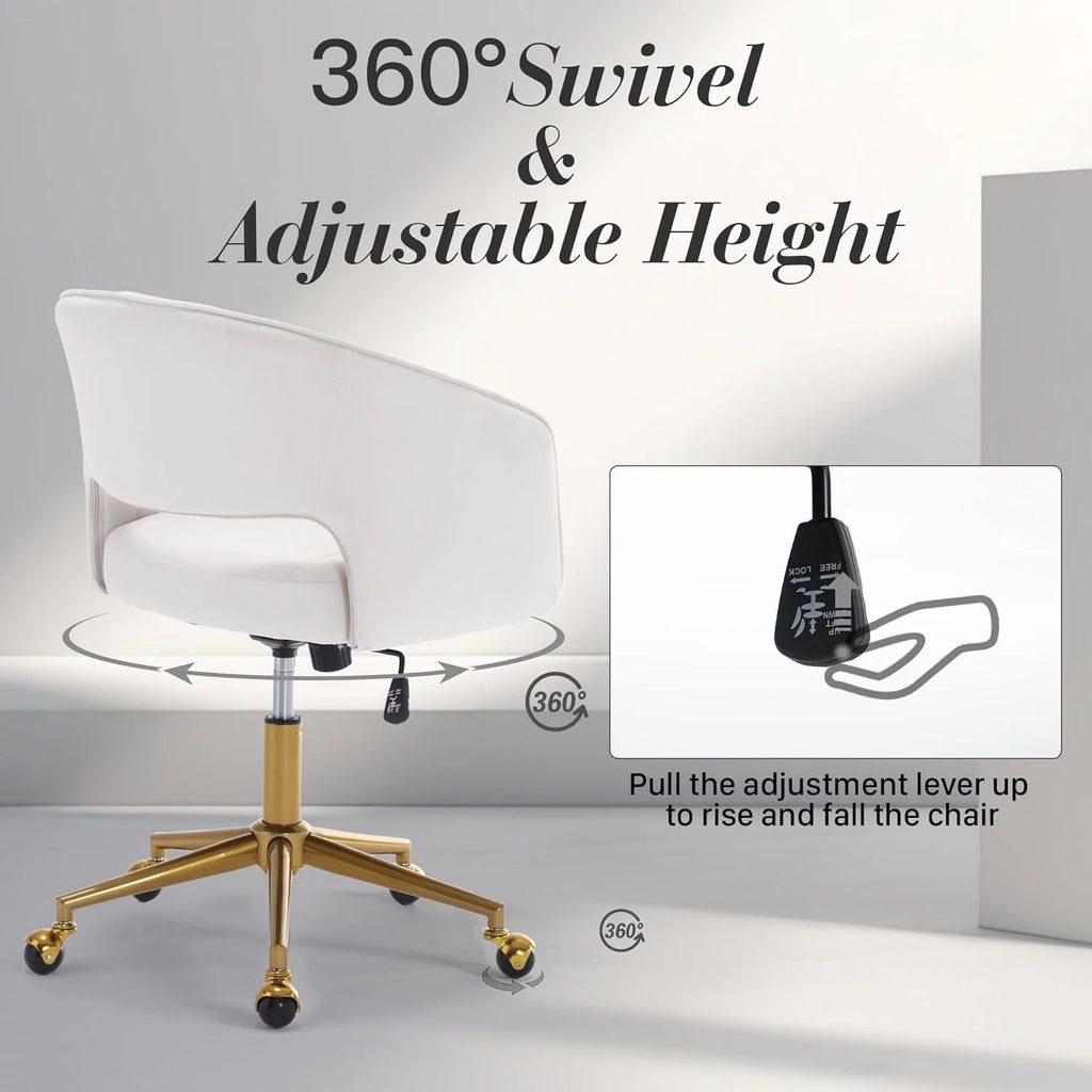 Home Office Swivel Desk Chair, Modern Velvet Vanity Chair, Height Adjustable Armchair with Gold Base, Ergonomic Office Chair for Task Study Computer Room, Beige