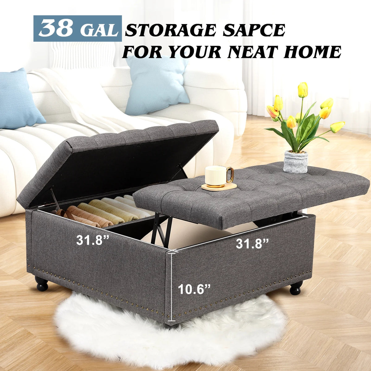 Magic Union 35" Large Square Storage Ottoman, Oversized Square Ottoman with Storage, Tufted Upholstered Ottoman Coffee Table with Lift Top for Living Room (Beige)