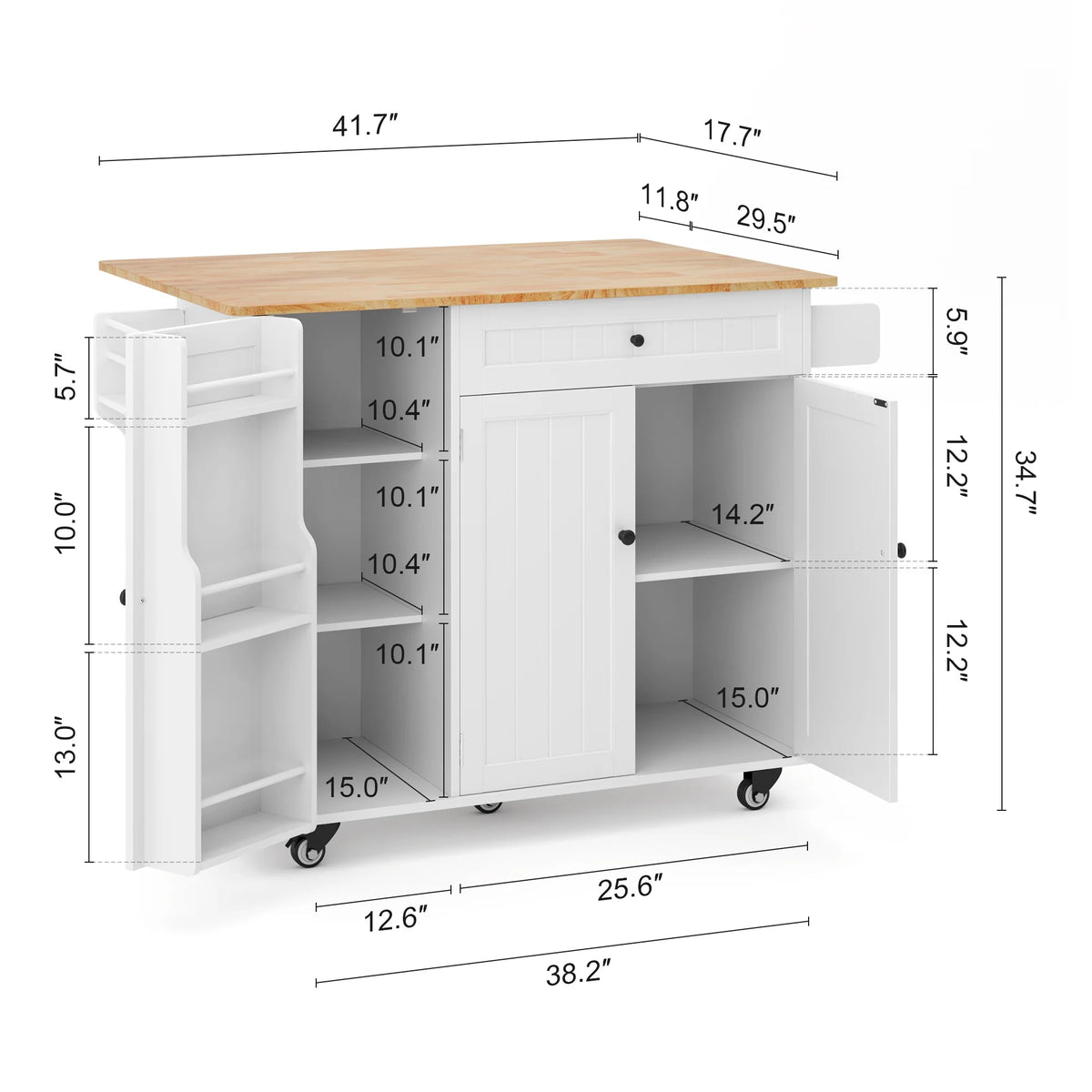 Noelse Kitchen Island with Storage, Island Table for Kitchen with Drop Leaf, Spice Rack, Towel Bar for Small Kitchens, White