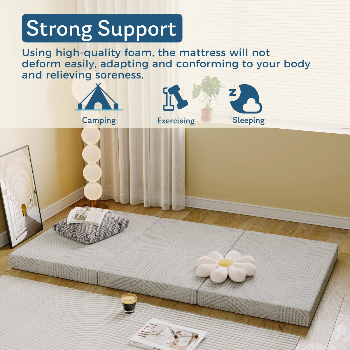 Ego 4 inch Tri Folding Memory Foam Mattress, Portable Guest Bed, Queen Size