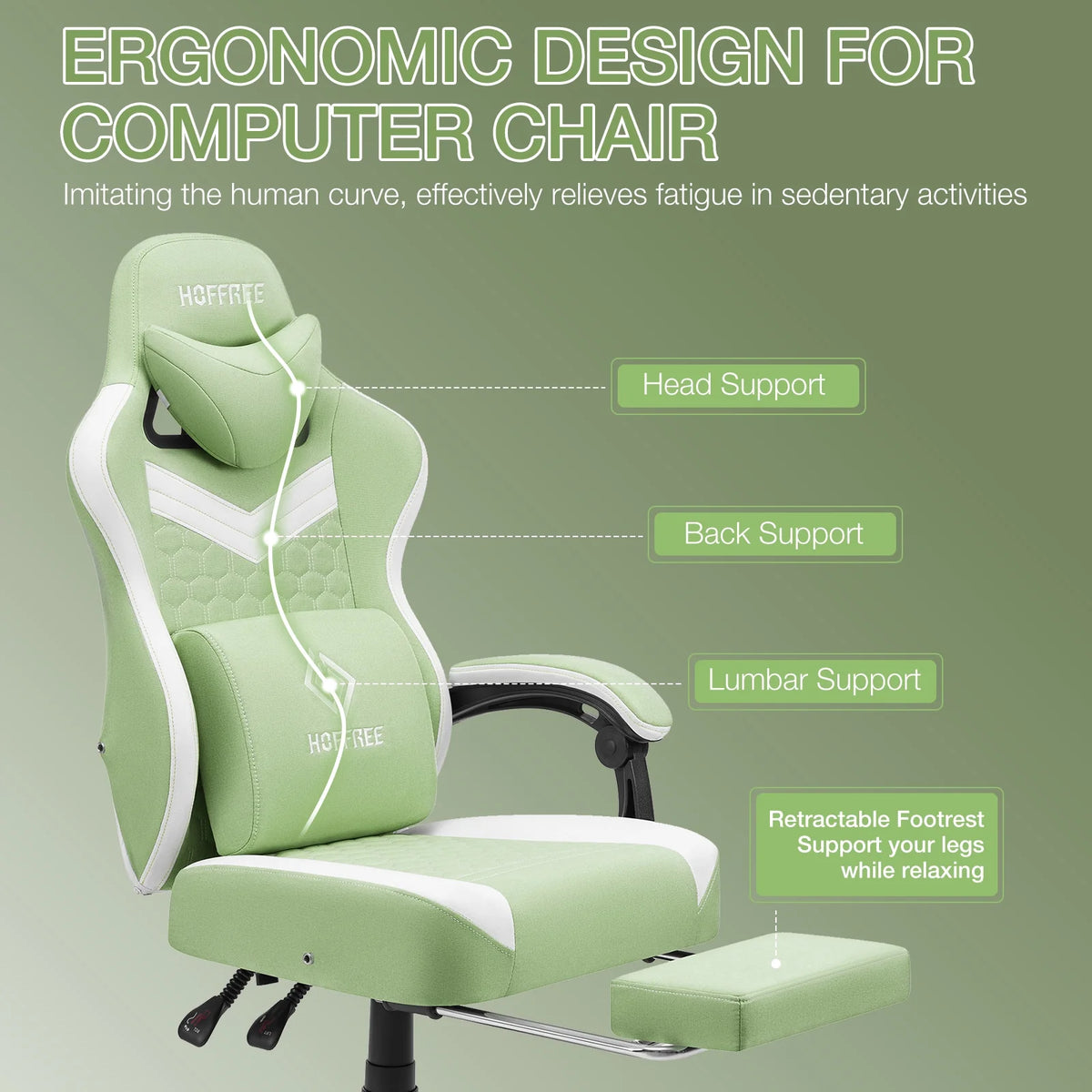 Hoffree Gaming Chair with Massage Fabric Office Chair with footrest for Adults, Ergonomic Gamer Chair with Headrest and Lumbar Support for Office Gaming, 440 LBS