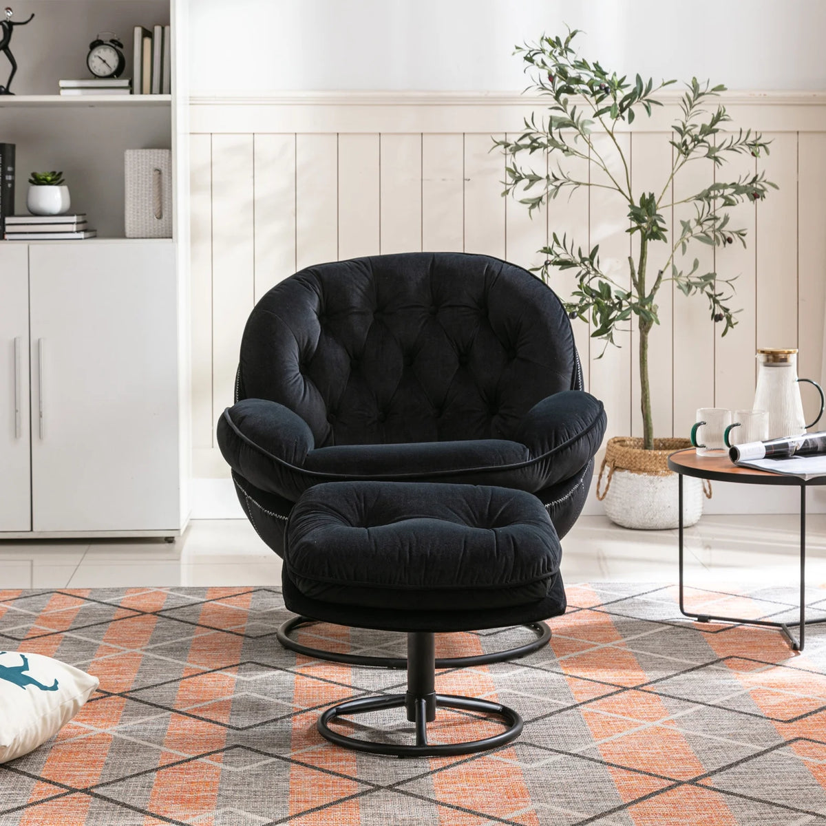 Velvet Swivel Accent Chair with Ottoman, Modern Chaise Lounge Chair with Metal Frame and Footstool, Comfy Armchair Reading Chair for Living Room Bedroom Office,Blue