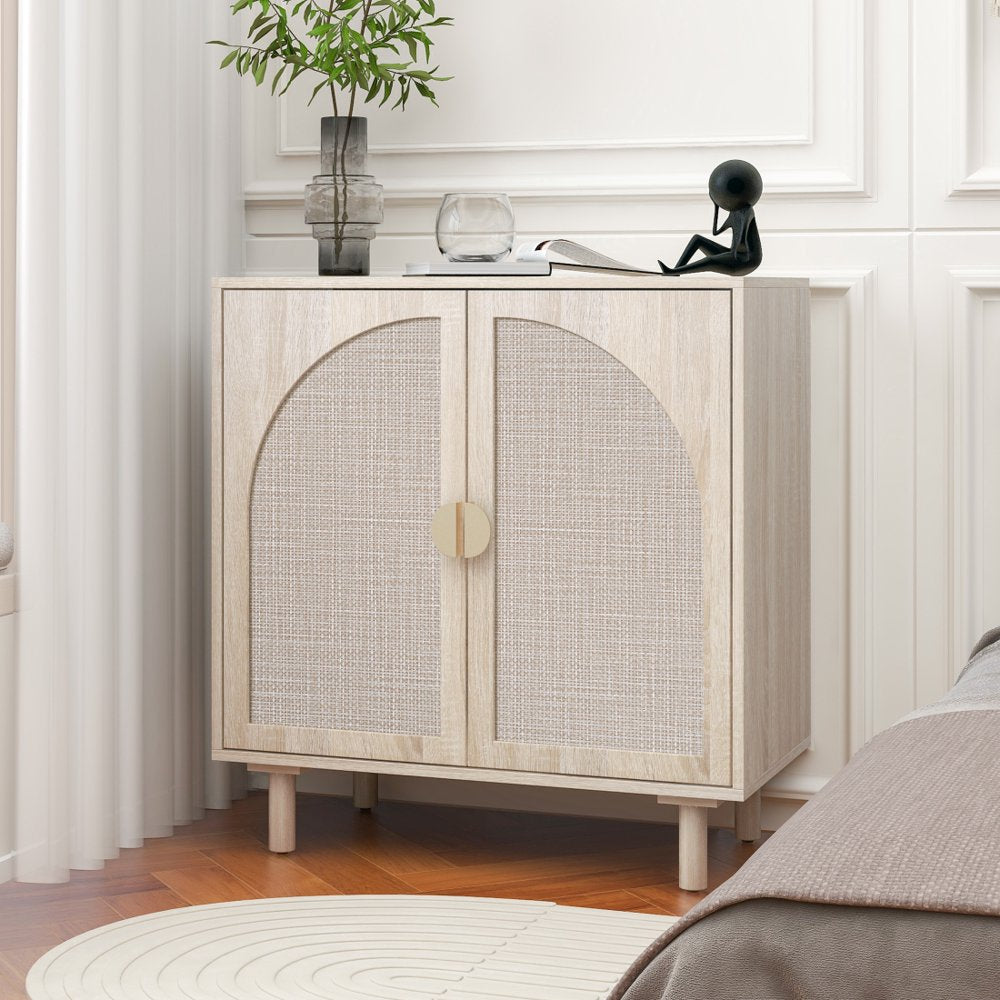 Tcbosik Rattan Storage Cabinet, Boho Sideboard Buffet Cabinet, Accent Cabinet with 2 Doors and Adjustable Shelves, Living Room, Kitchen, Dining Room, Hallyway, Black