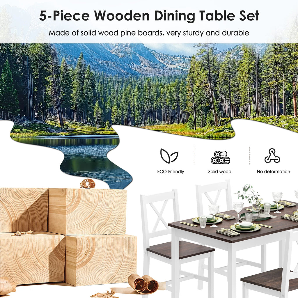 Soges 5 Pieces Dining Table Set, Pine Wood Kitchen Dining Table with 4 Chairs, Wood Rectangular kitchen table and chairs for 4, Small Dining Set for Bar Dining Room Breakfast Nook, White and Gray