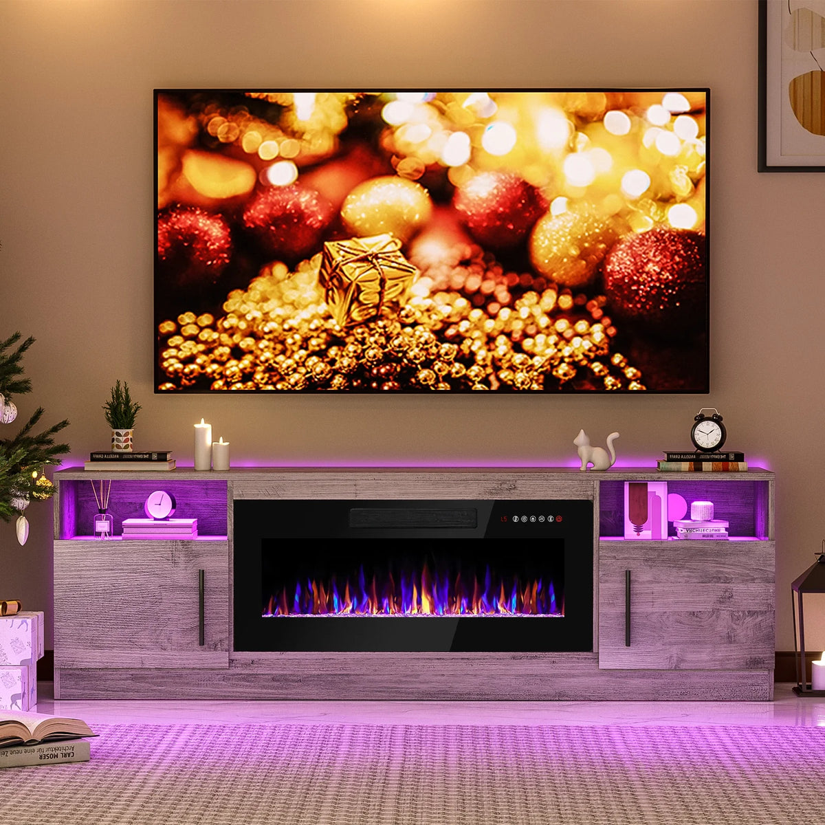 Waleaf Fireplace TV Stand with 18'' Fireplace for TVs up to 65 inch, Two Adjustable Glass Shelves