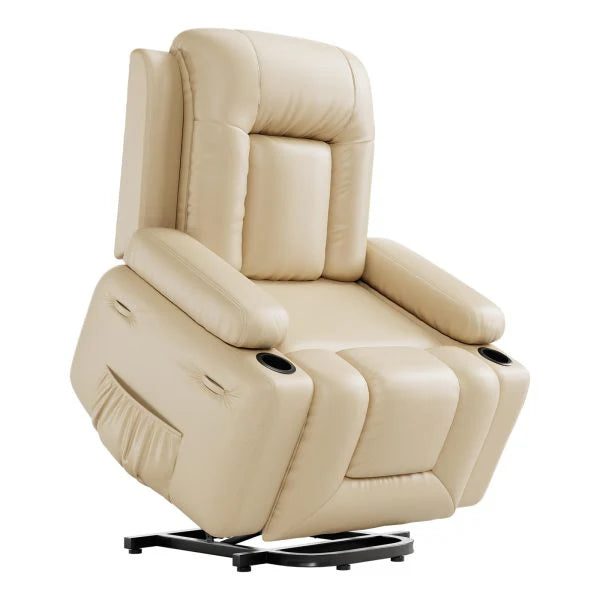 PU Leather Power Lift Recliner Chair With Massage and Heat, Adjustable Furniture for Back, Legs w/ 3 Positions, Usb Port, Side Pocket (Beige, 27 Seat Width+Cup Holders)