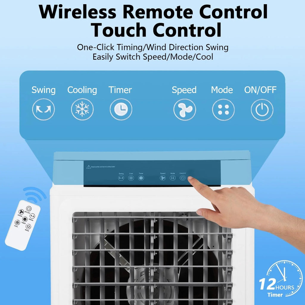 10.3 Gallon Evaporative Air Cooler,  3000CFM Swamp Cooler with Remote Control and 12H Timer, 4 Ice Packs, 3 Modes & Wind Speeds for Outdoor