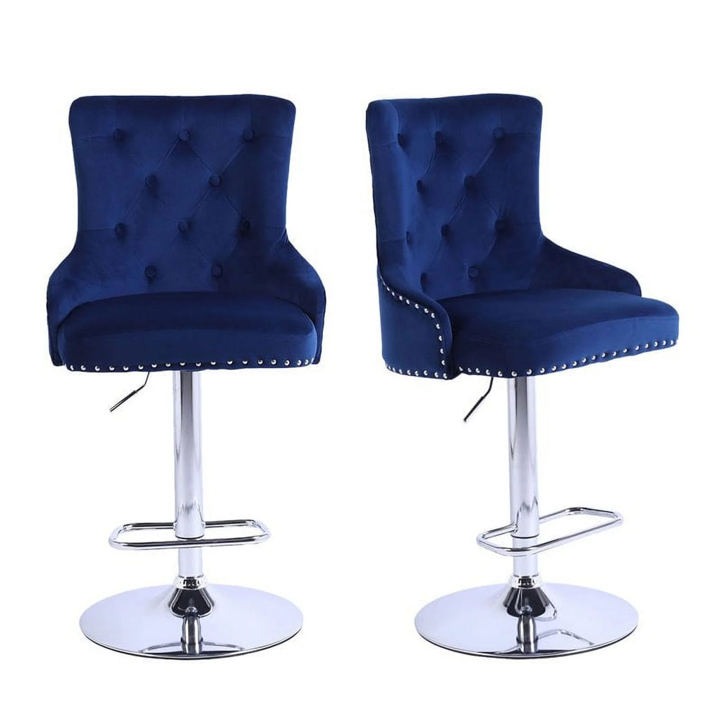 Alexent  2PCS Swivel Bar Stools, High Back, Button Tufted, Silver Footrest and Nailhead Trim Swivel Bar Chairs for Kitchen, Bar Velvet Upholstered Bar Stools, Dark Blue