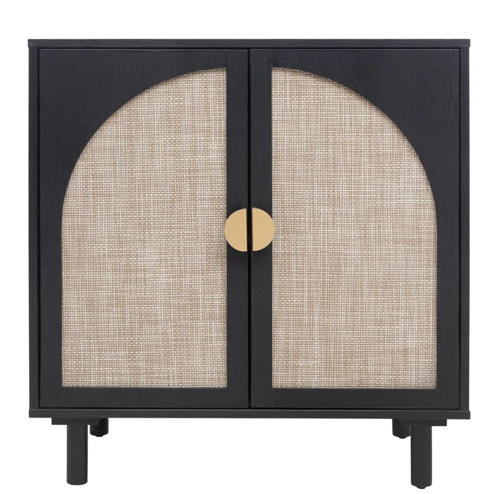 Tcbosik Rattan Storage Cabinet, Boho Sideboard Buffet Cabinet, Accent Cabinet with 2 Doors and Adjustable Shelves, Living Room, Kitchen, Dining Room, Hallyway, Black