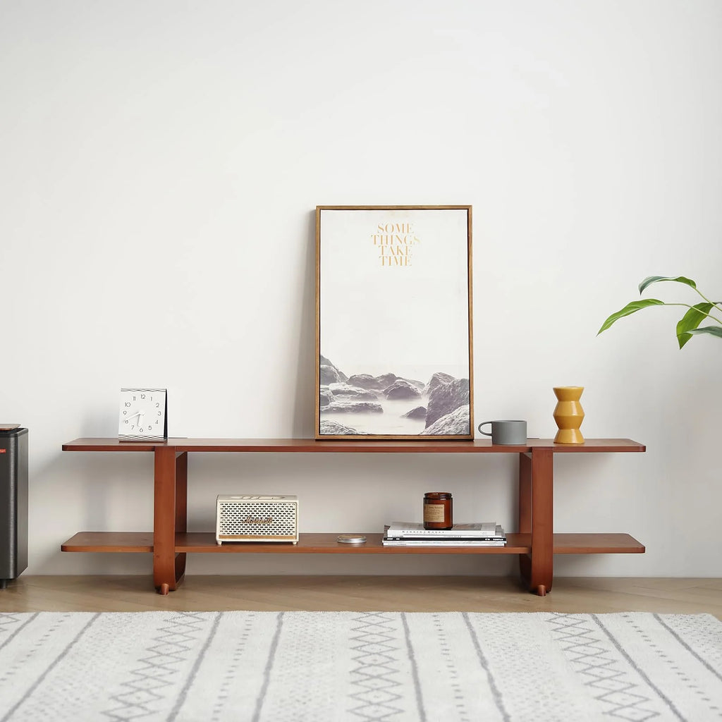 Bamboo TV Stand for Up to 65 Inch, Mid Century Modern Entertainment Center with 2-Tier Open Shelves, Storage Media Console Table for Living Room, Bedroom, Walnut