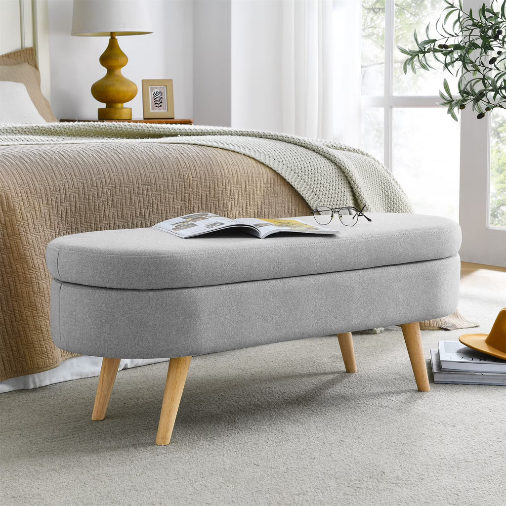 43.5" Oval Storage Ottoman Bench with Solid Wood Legs, Linen Fabric Upholstered Entryway Bench with Safety Hinge, Indoor Bench for End of Bed, Sofa Side, Entryway