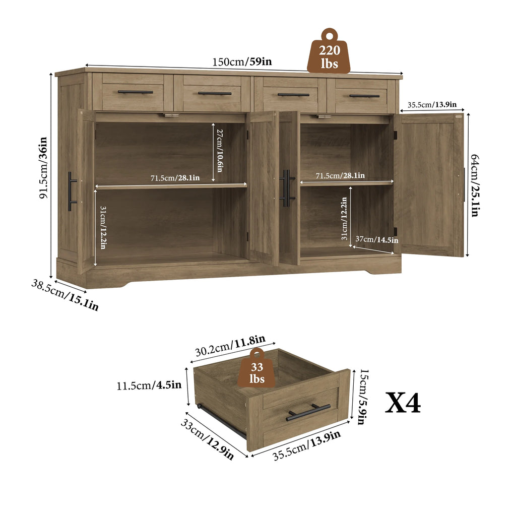 Homfa Farmhouse Buffet Cabinet with 4 Drawers and 4 Doors, 59" W Sideboard Buffet Storage Cabinet with Shelves, for Kitchen Living Room Bedroom, Wash Gray