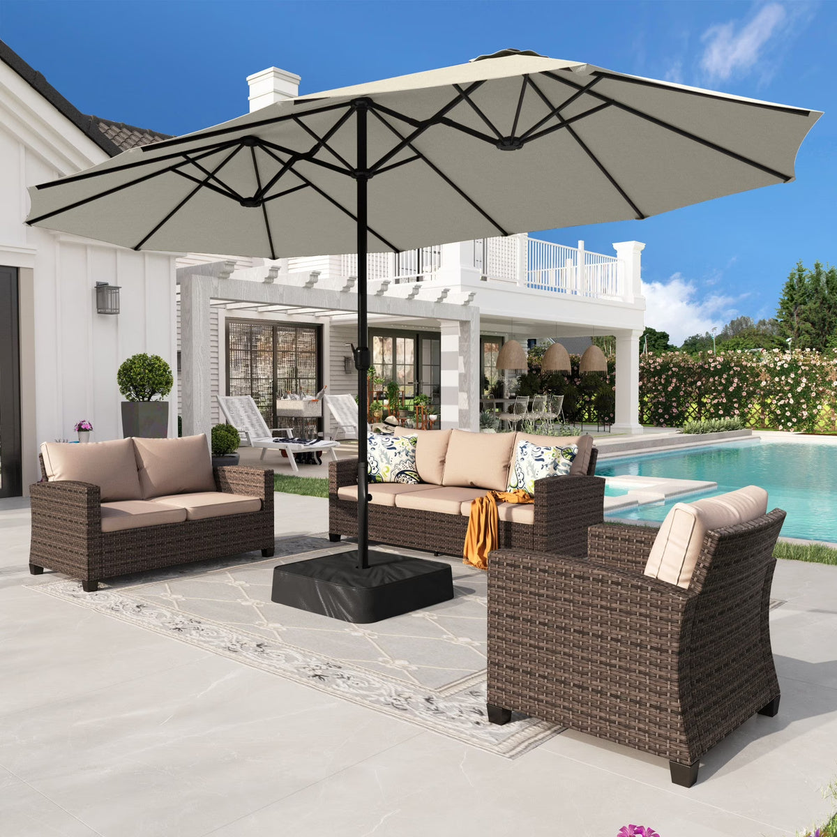 Alpha Joy 15ft Outdoor Patio Umbrella Extra-Large Double-Sided Garden Umbrella with Crank Handle and Base - Smoky Gray