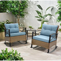 3 Pieces Patio Outdoor Conversation Set, Patio Furniture Bistro Set with 2-Tier Coffee Table, PE Wicker Rocking Chairs with Blue Cushions for for Backyard Porch Poolside
