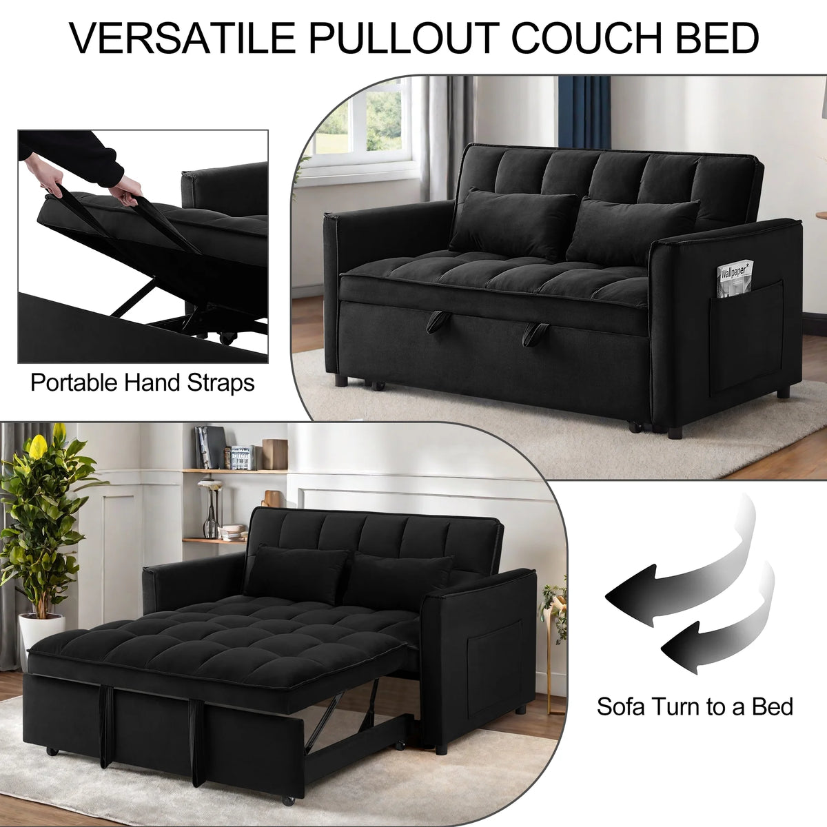 Convertible Sofa Bed,3-in-1 Sleeper Sofa with Pull Out Bed,Sleeper Futon Couch Loveseat with Adjsutable Backrest and Pillows for Living Room,Gray