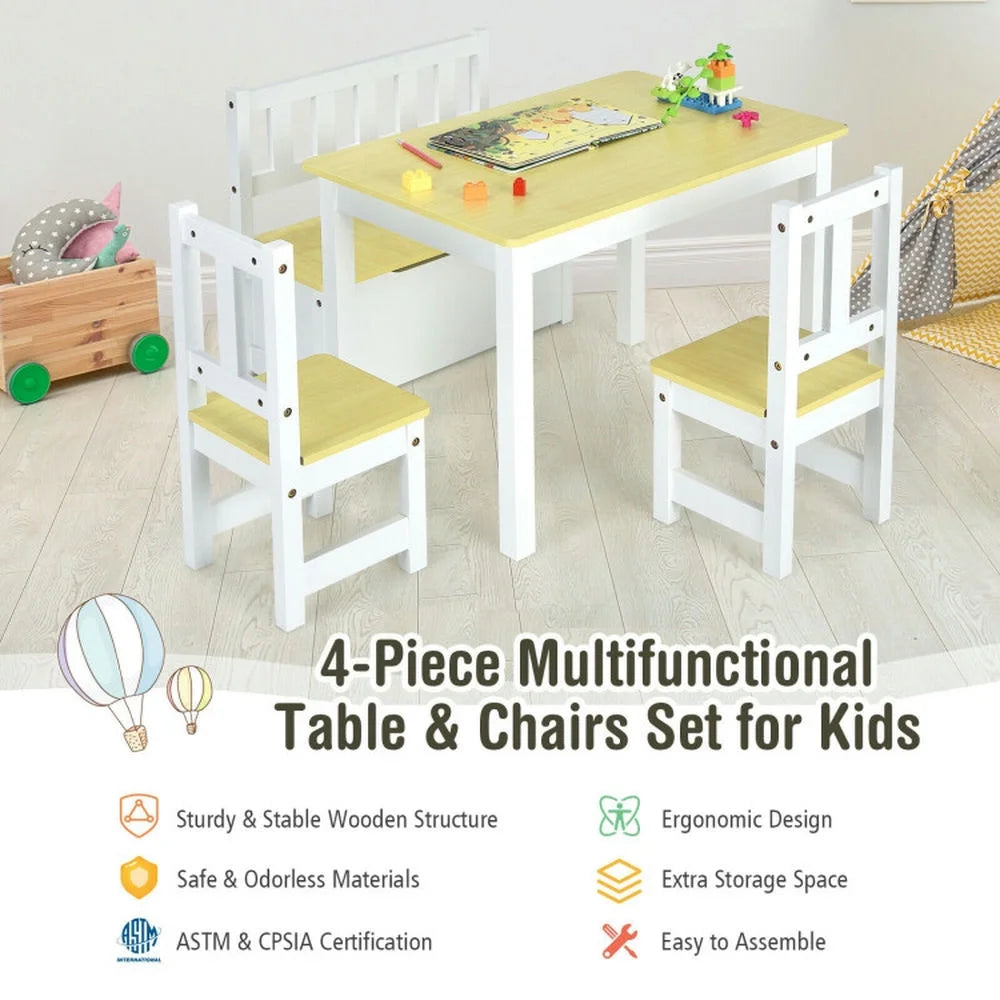 Kadyn Children Kids Table Chair Set,Children Playroom Table Chair Set,4 Pieces Kids Wooden Activity Table and Chairs Set with Storage Bench and Study Desk-Natural