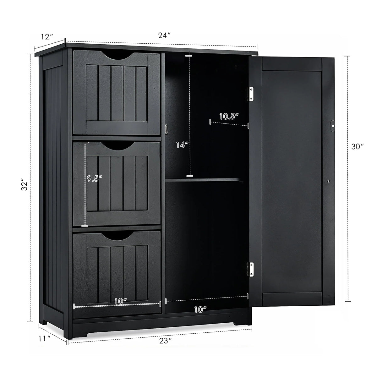 Costway Bathroom Floor Cabinet Side Storage Cabinet with 3 Drawers and 1 Cupboard Black