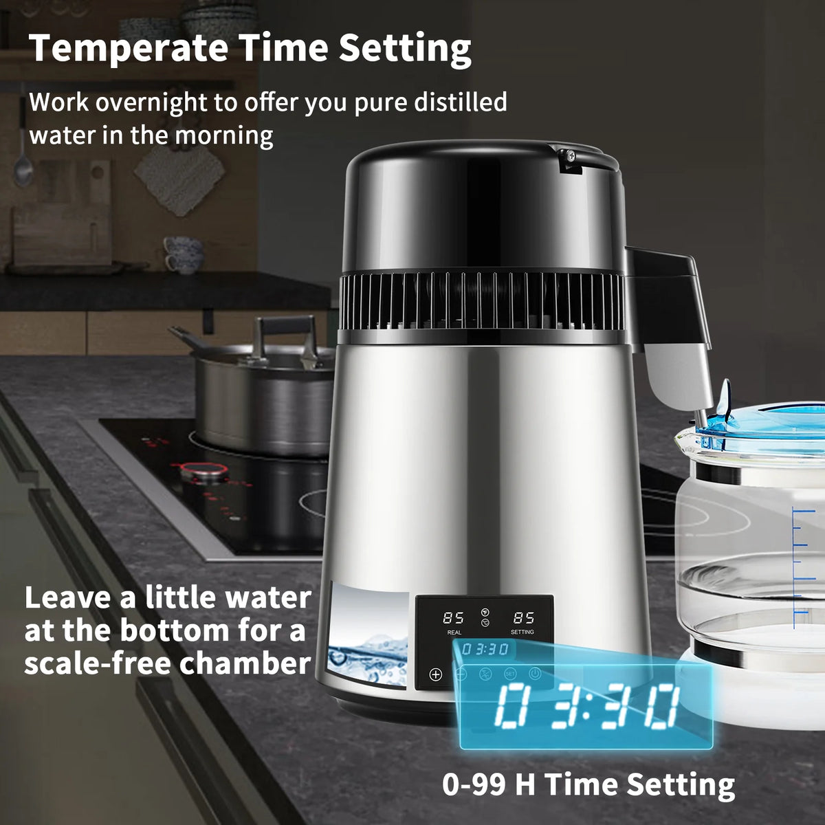 KFFKFF Water Distiller Distilled Water Maker Machine 4L/1.1Gal  0.3Gal/H Output, 750W Power, 0-99H Adjustable Timing