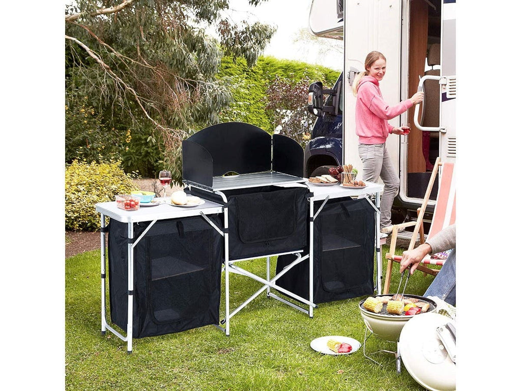 Inch Aluminum Portable Fold-Up Camping Kitchen with Windscreen and 5 Enclosed Cupboards, Cook Station, for BBQ, Camping, Picnic, Backyard