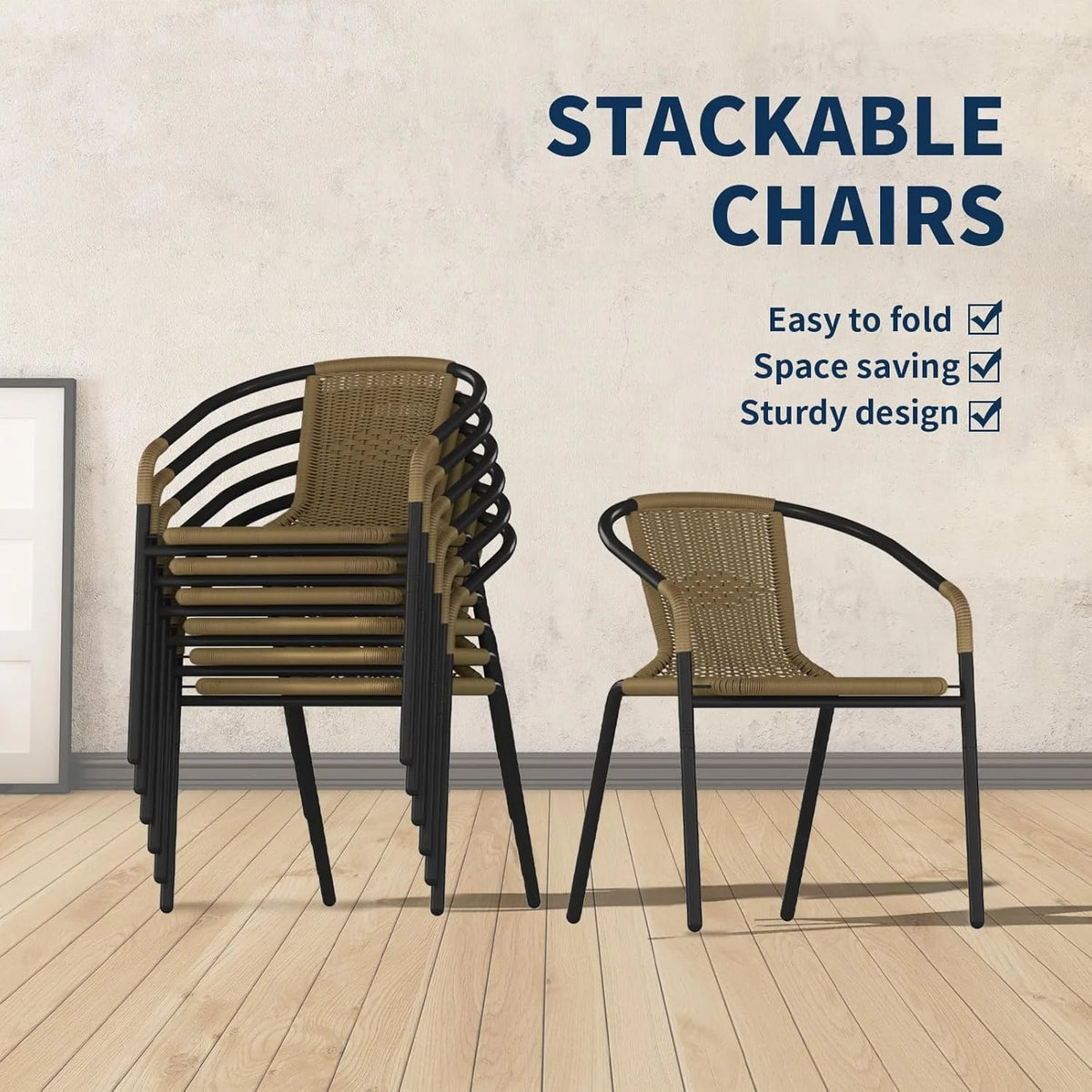 ELPOSUN Outdoor Dining Chairs Set of 6, Wicker Patio Chairs with Metal Frame, Rattan Indoor-Outdoor Chairs for Bistro, Deck, Backyard, Porch, Restaurant Stack Chair 6 Pack (Black)