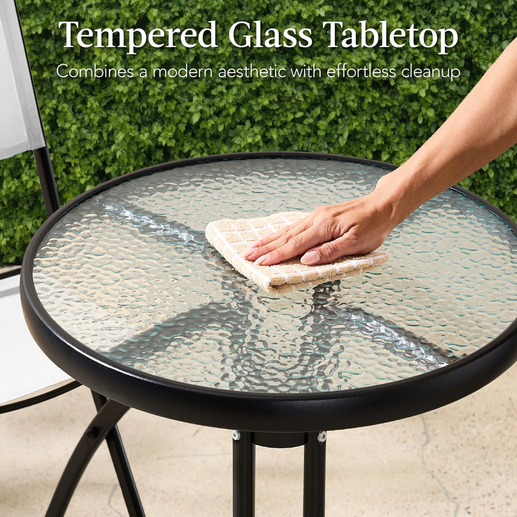 Best Choice Products 3-Piece Patio Bistro Dining Furniture Set w/ Glass Tabletop, Folding Chairs - Gray