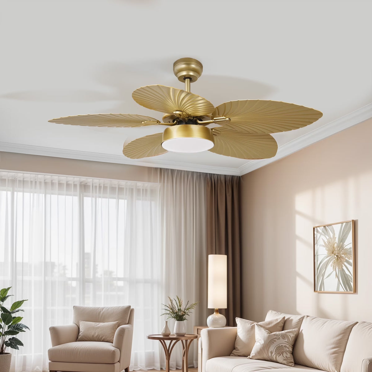 ModFusion 52" Gold Tropical Ceiling Fan with LED Light & Remote �C Palm Leaf Blades, Quiet Reversible DC Motor Indoor/Outdoor