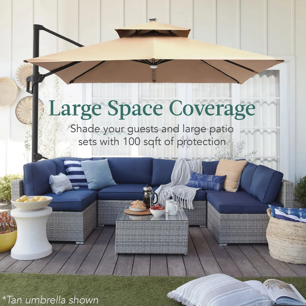 Best Choice Products 10x10ft 2-Tier Square Outdoor Solar LED Cantilever Patio Umbrella w/ Base Included - Tan