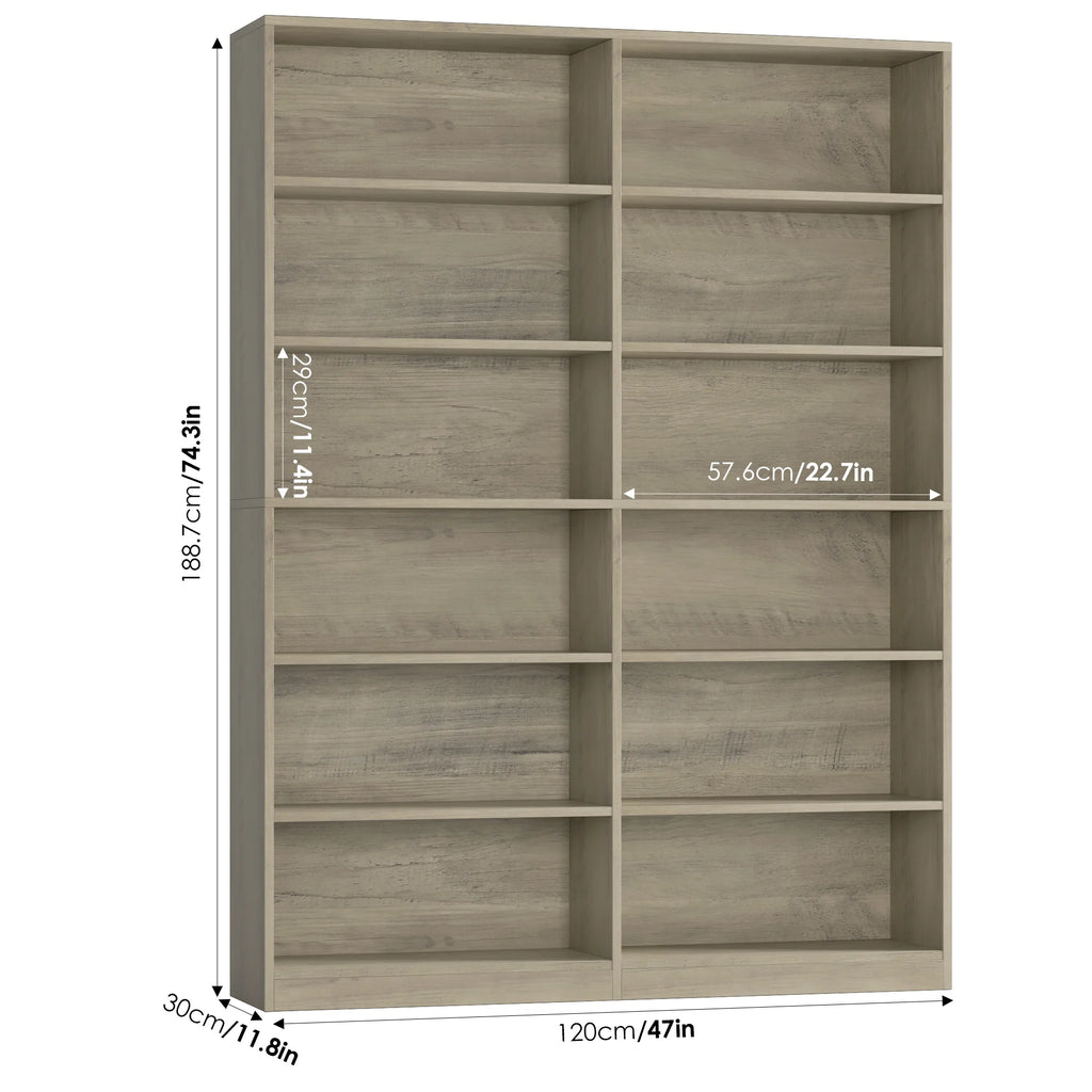 Homfa 74.3�� Double Wide 6-Tier Bookcase, Extra Large Wooden Freestanding Display Bookshelf for Home Office Living Room, White