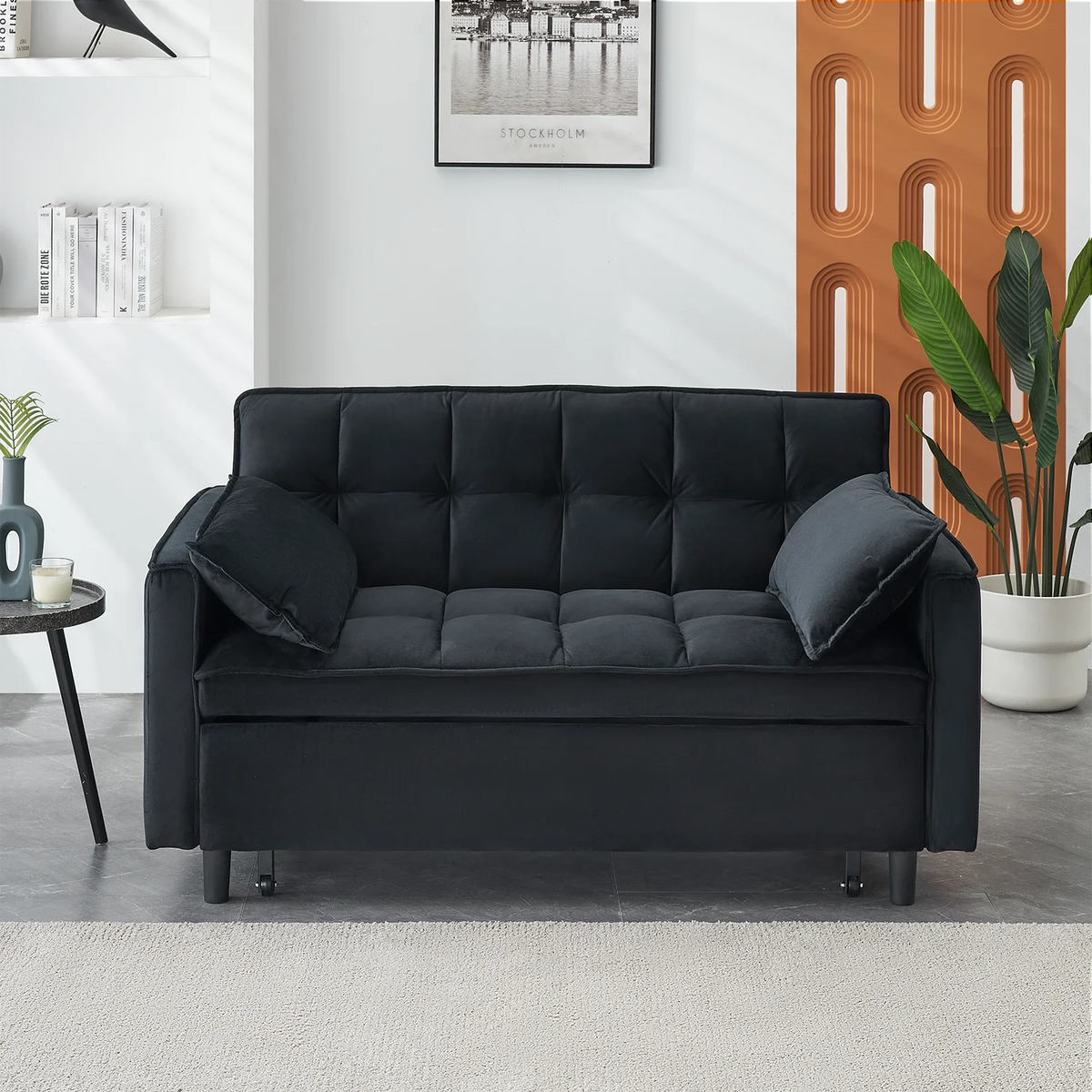 Adjustable Back Velvet Futon Sofa Bed, Modern Convertible Couples Sleeper with Side Pockets, Fold Down Couch for Living Room, Apartment,Blue