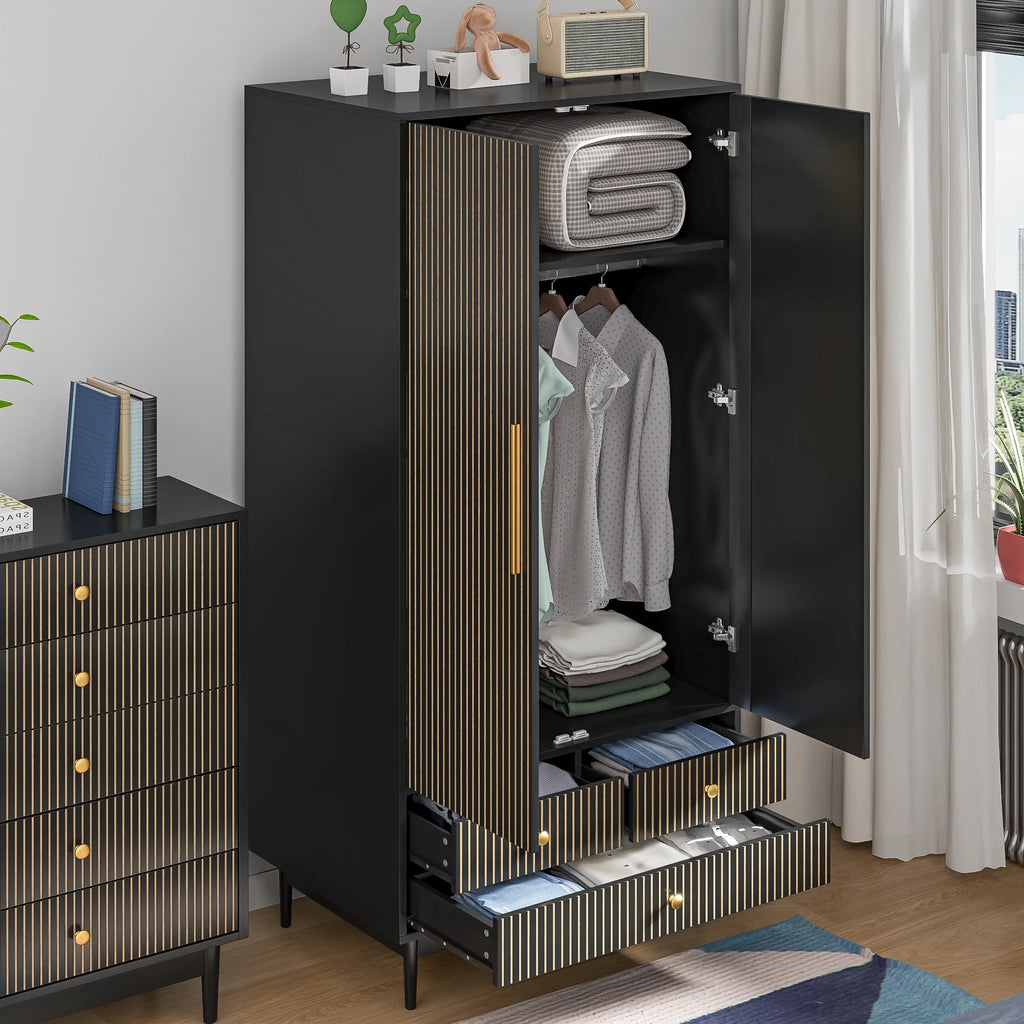 Oubayajia Wardrobe Armoire Closet, 2 Fluted Doors Wardrobe Cabinet with 3-Drawer and Hanging Rod, Wood Wardrobe Storage for Bedroom