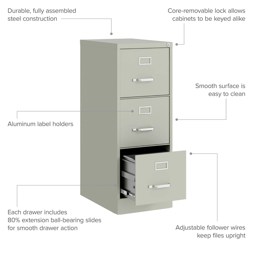 Hirsh 22" Deep 3 Drawer Letter Width Vertical File Cabinet, Commercial Grade, Gray