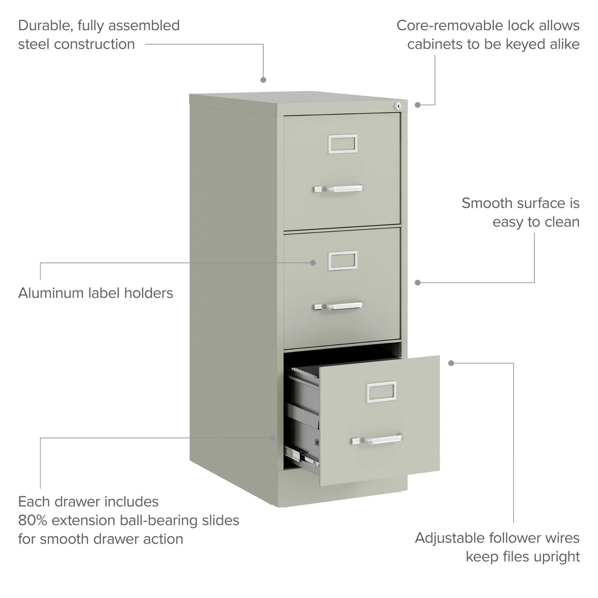 Hirsh 22" Deep 3 Drawer Letter Width Vertical File Cabinet, Commercial Grade, Gray