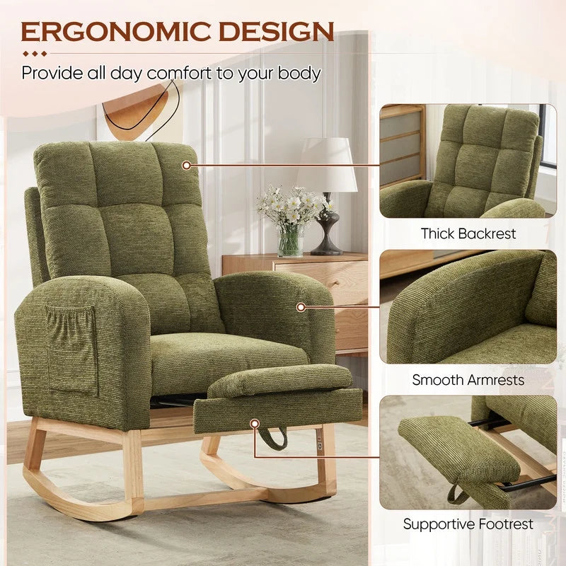 FFH Rocking Chair Nursery, Tufted Accent Rocker Chair, Upholstered Armchair with Adjustable Footrest, Side Pocket, High Backrest, Padded Seat, Polyester Blend (Retro, Dark Gray)