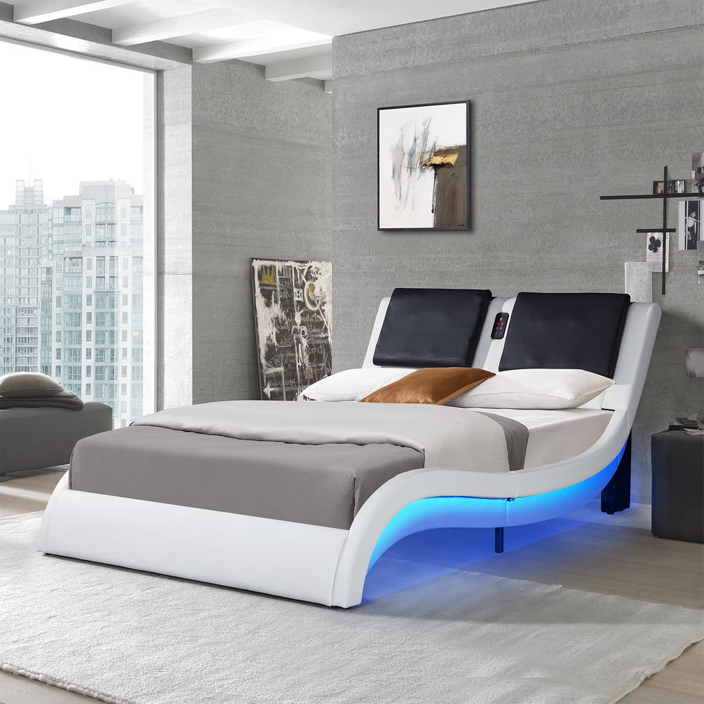 OYang King Size Platform Bed Frame wth LED Light And USB Charging Ports Headboard, Wave-Like Curve Backrest Vibration Massage Upholstered Faux Leather Bed for Home