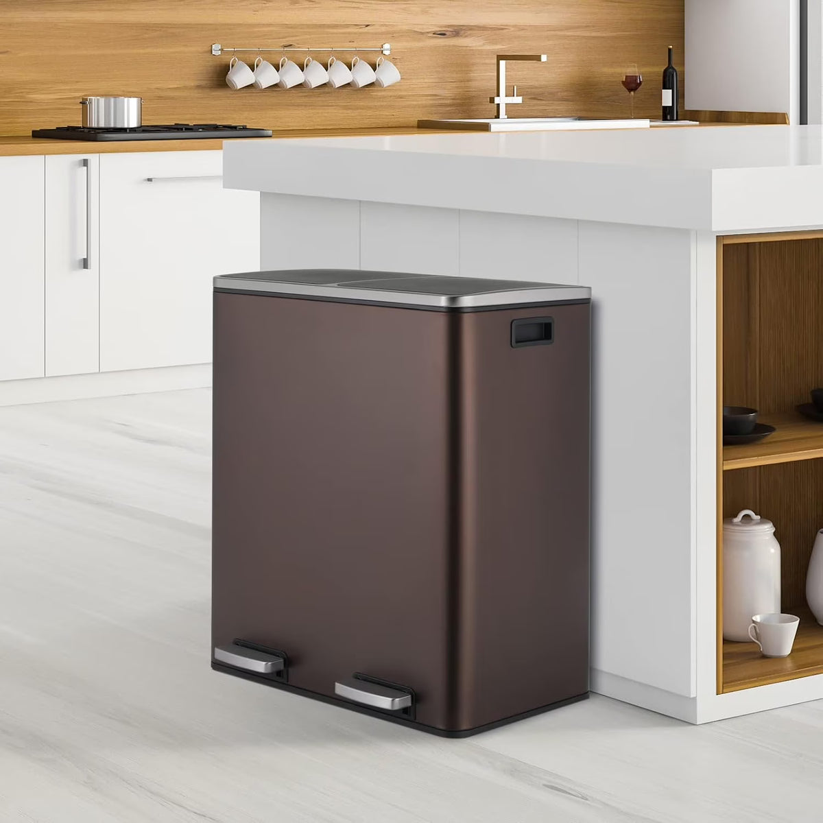 Arlopu 60 L/16 gal Dual Trash Can, Stainless Steel Garbage Can for Kitchen, Recycle Bin with Lid