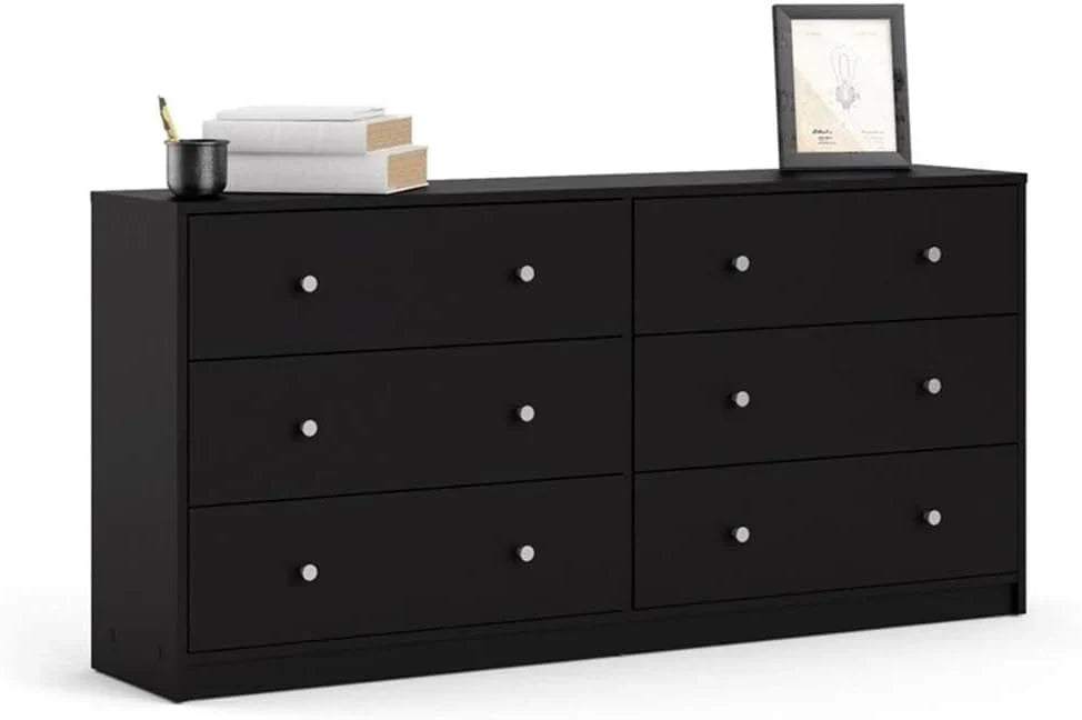 3-Pc Scandinavian Design Engineered Wood Bedroom Furniture Set with 3-Drawer Chest & 6-Drawer Double Dresser & 1-Drawer Nightstand, Pewter Plastic Handles, Smooth Plastic Glides, in Black