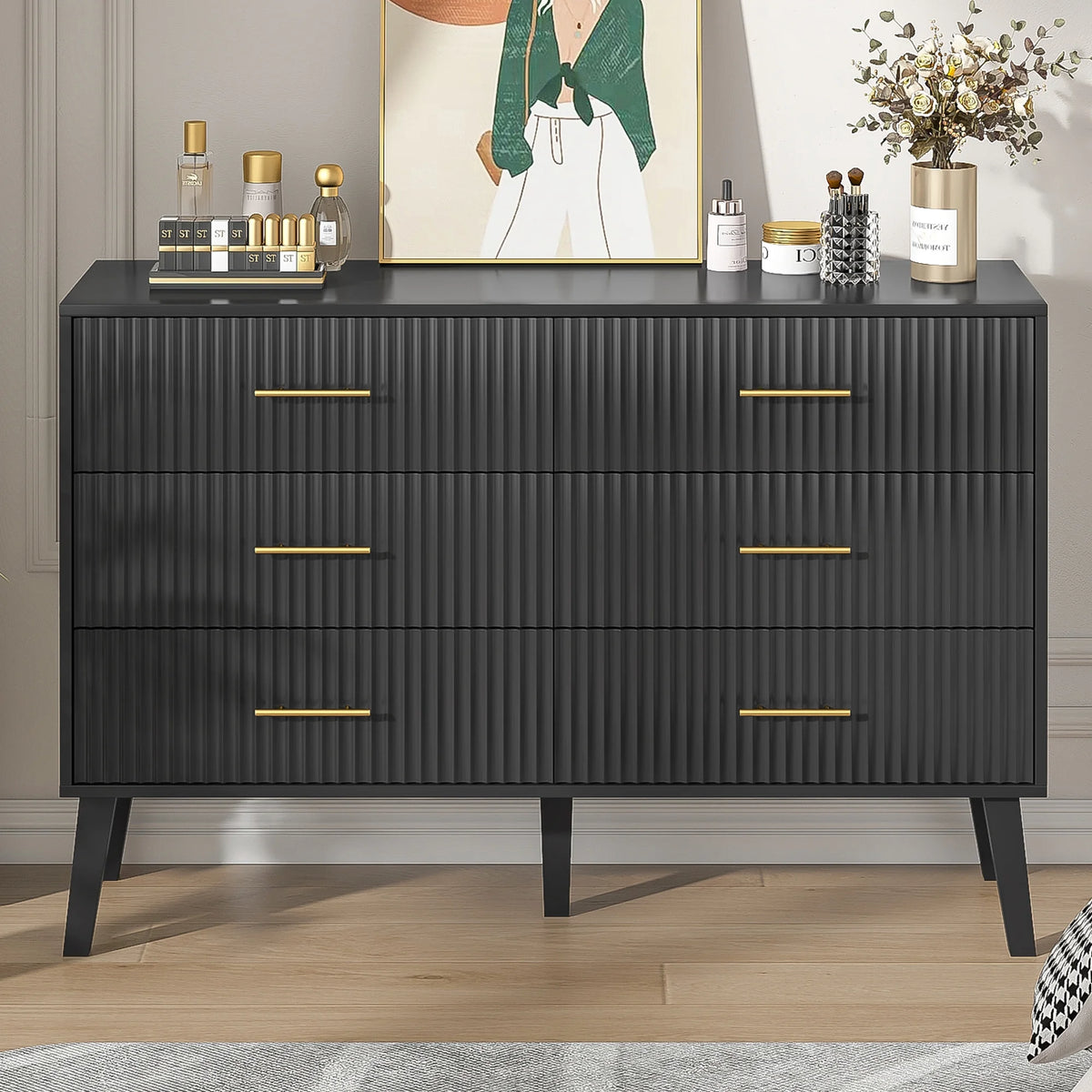 Fluted 6 Drawers Dresser, Wide Modern Chest of Drawers, 6 Drawer Double Dresser