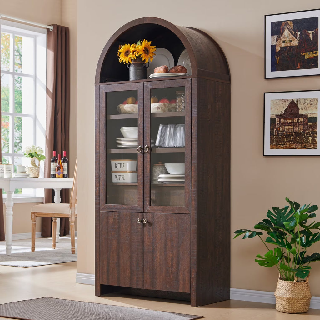 SinCiDo Arched Kitchen Pantry Storage Cabinet, 71-Inch Tall Wood Adjustable Shelves, 2 Doors, 2 Drawers