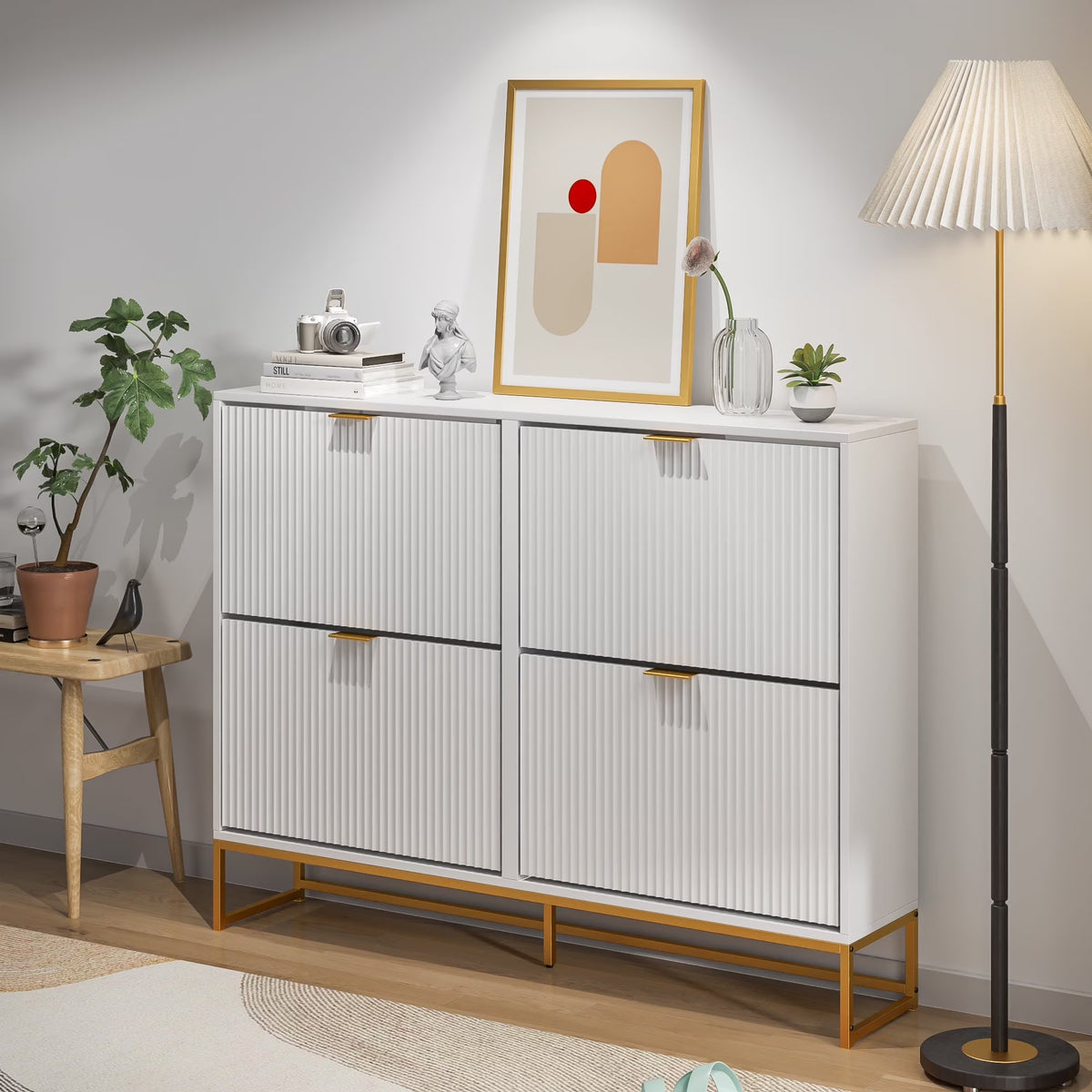 Oubayajia Modern Shoe Storage Cabinet, Wood Shoe Rack Organizer with 2 Flip Drawers, Freestanding Narrow Shoe Cabinet for Entryway Hallway, Natural