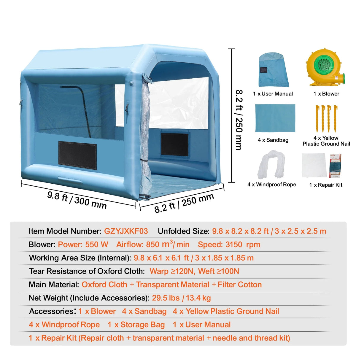 KFFKFF Portable Spray Shelter, 9.8 x 8.2 x 8.2 ft, Includes 550W Blower & Filtration System, Ideal for Motorcycles, Bikes, & Small Furniture