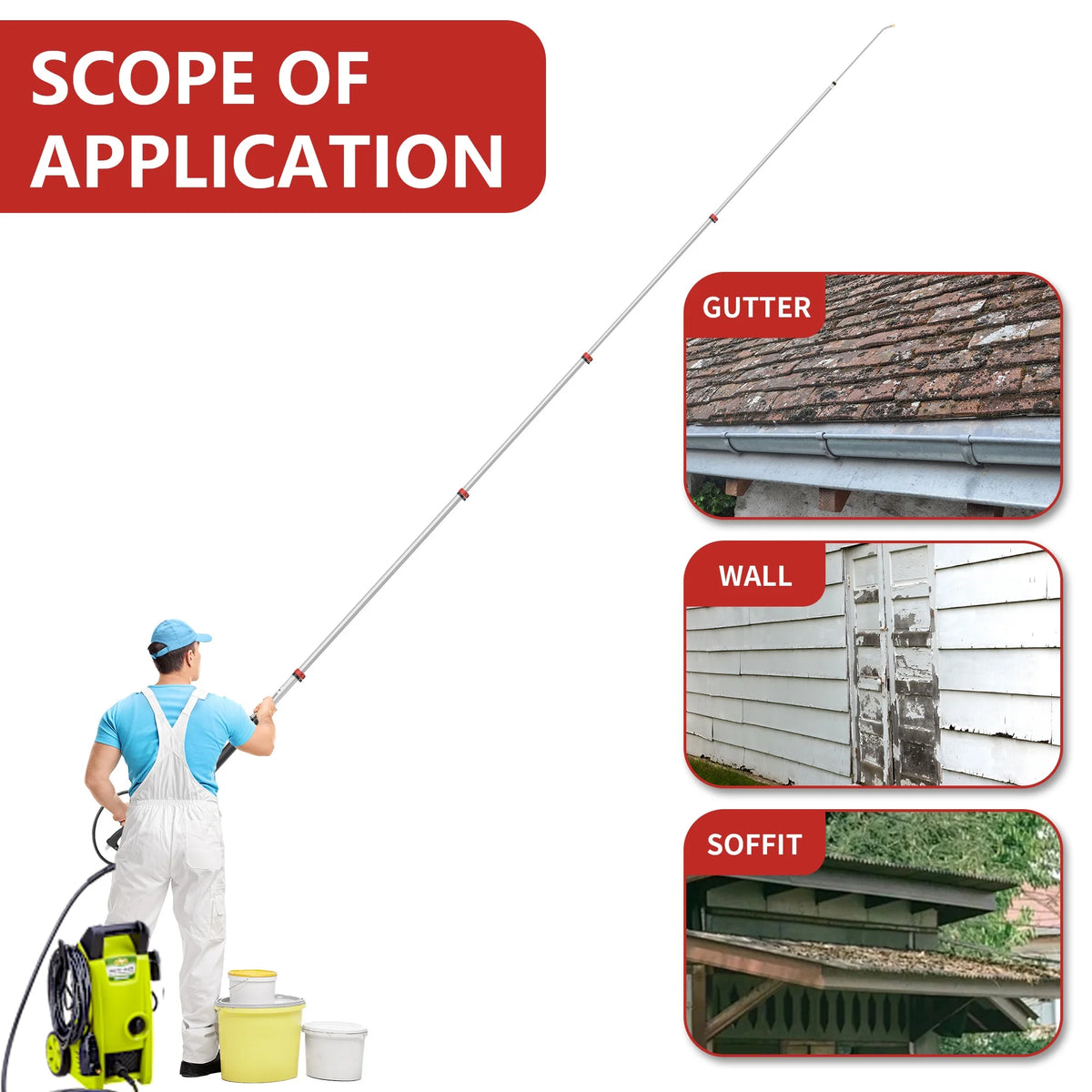 24 FT Gutter Cleaning Tools from The Ground - Telescoping Pressure Washer Wand - Gutter Cleaner Attachment with Power Washer Extension Wands, Brush, 7 Spray Nozzle Tips, 2 Hose Adapters, Support Belt