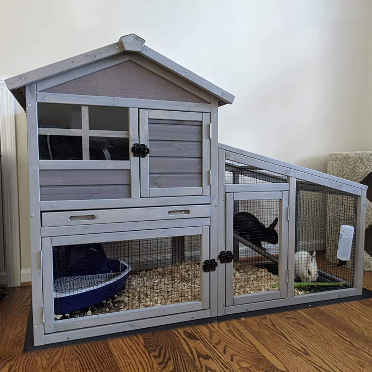 Aivituvin Rabbit Hutch Outdoor Indoor Bunny Cage with Pull Out Tray, Upgraded Chicken Coop with Removable Wire Mesh Bottom, Gray