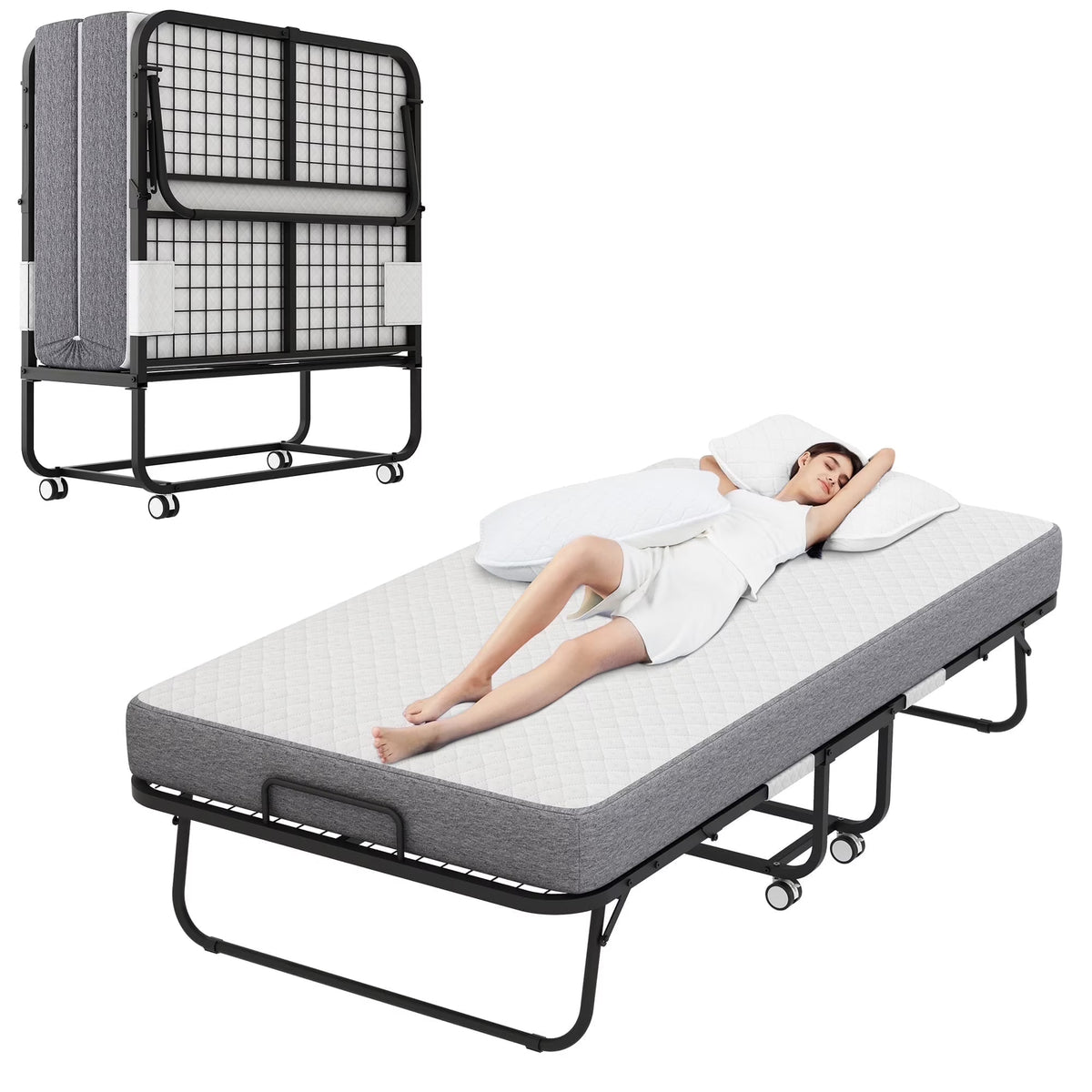 Full Size Folded Bed with Mattress, 75" x 54" Folding Bed, Twin Bed, Rollaway Bed Guest Bed for Adults with Sturdy Frame