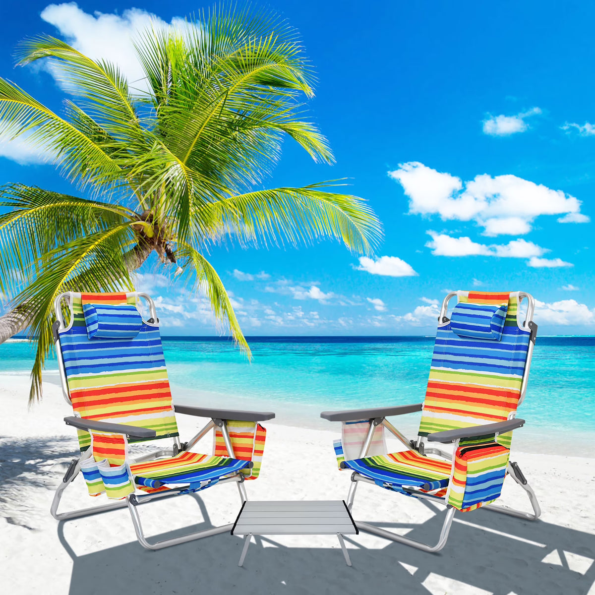 Costway 2-Pack Folding Backpack Beach Chair Table Set 5-Position Outdoor Reclining Chair Pink