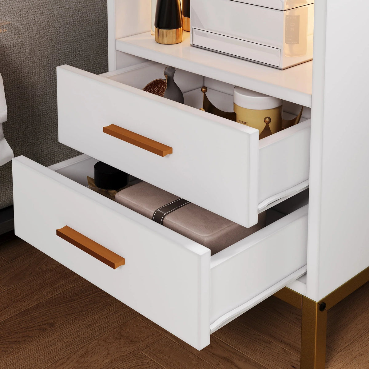 DEXTRUS Side Table with Charging Station, 3-Drawer LED Light Bedside End Table Nightstand for Bedroom Living Room Small Space, White